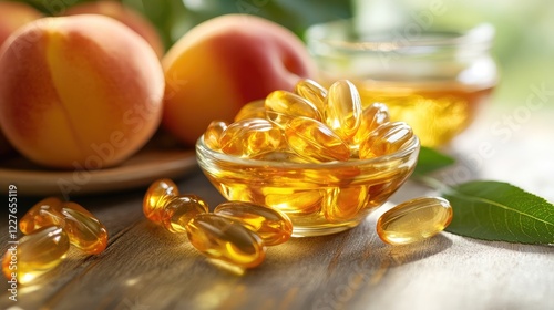 Natural Peach and Omega 3 Supplement with Vitamins on Wooden Table and Fresh Peaches in Background photo