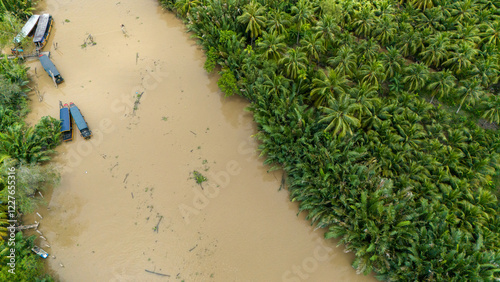 Aerial view of Vietnamese forest on the Mekong Delta, waterway surrounded by palm trees that extend to the horizon. Typical Vietnamese boats. Forest dwellings photo