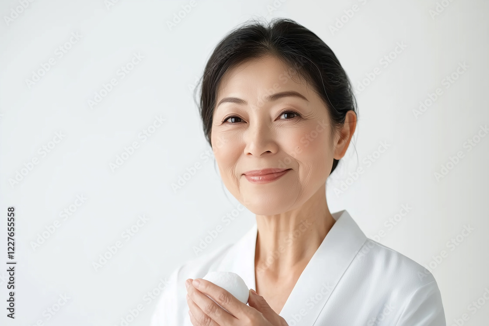 Senior asian woman is holding a white object in her hand Senior asian woman is holding a white object in her hand