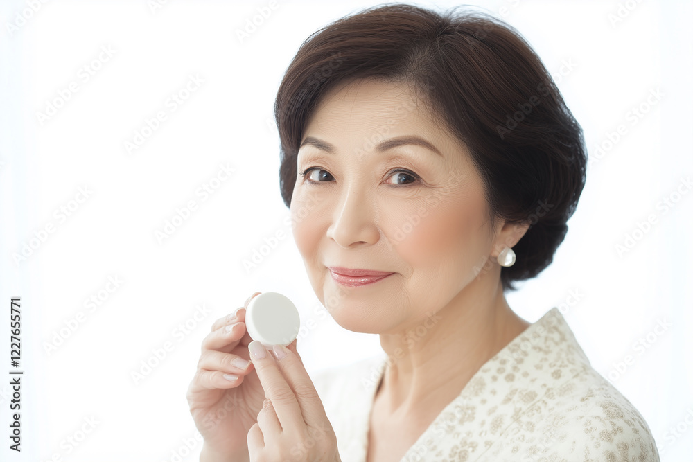 Senior asian woman is holding a white object in her hand Senior asian woman is holding a white object in her hand
