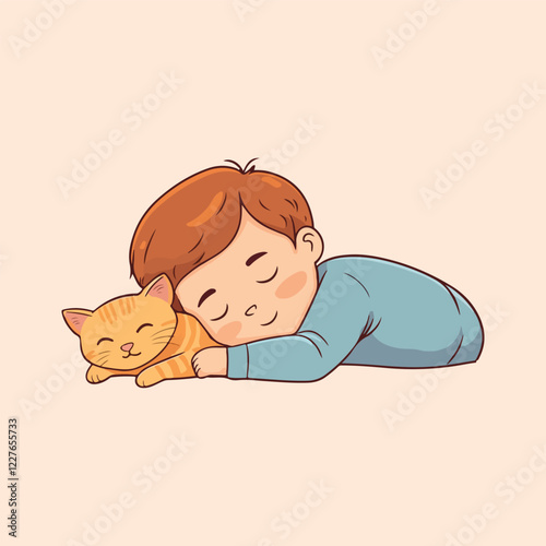 A little boy is sleeping with a cat vector illustration 