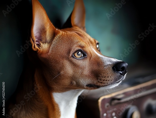 Basenji dog staring at a phonograph, vintage aesthetics, stylish and unique moment photo