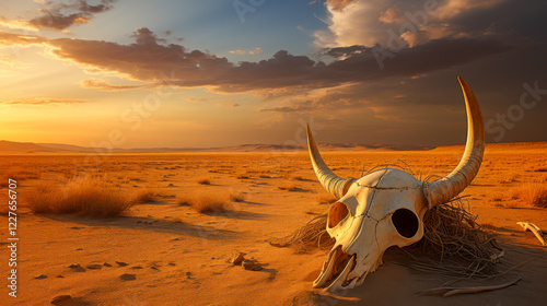 Buffalo skull with large horns rests upon golden grasslands in the North illuminated by a vast, cloudy sky