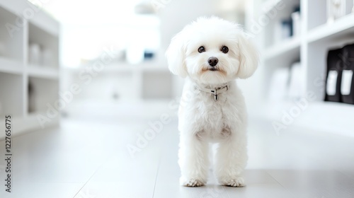 Bichon Frise standing in a fancy boutique, luxury pet lifestyle, stylish and elegant photo