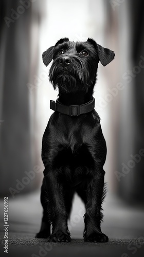 Black Russian Terrier standing in a dimly lit alley, noirstyle dramatic lighting photo