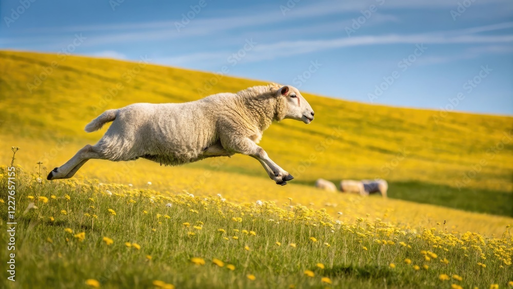 Naklejka premium sheep in flight over a sunlit yellow meadow, countryside, backyard, sunny day, running sheep