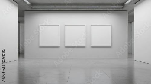 Minimalist lounge area showcasing three empty white frames on a clean wall with modern concrete flooring and soft lighting photo