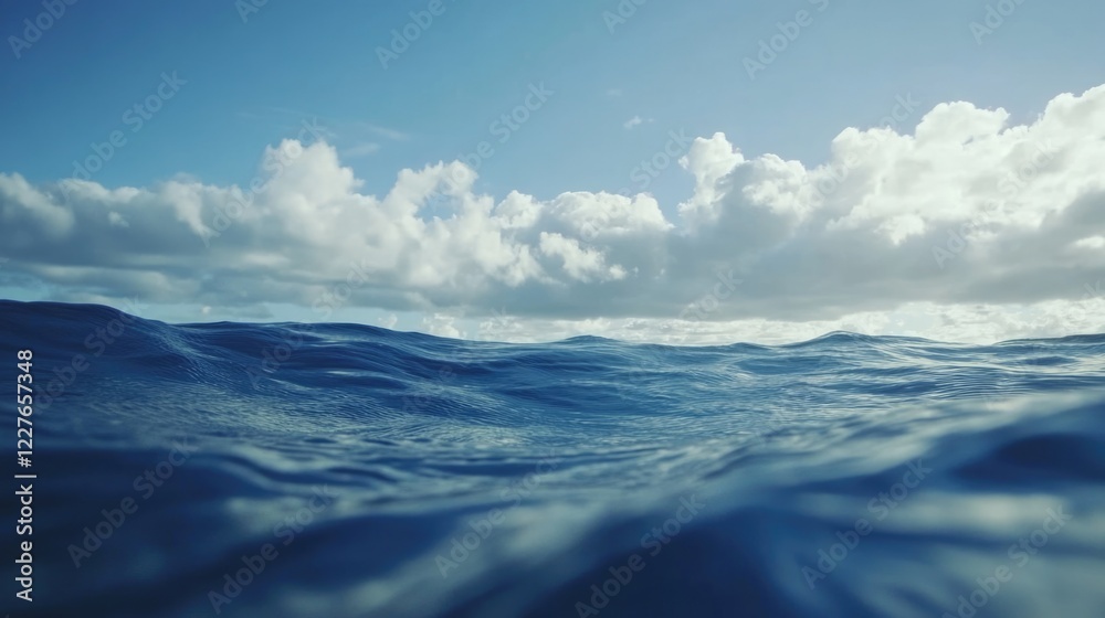 Naklejka premium Calm ocean waves gently rolling under a clear blue sky with fluffy clouds in a serene natural seascape setting