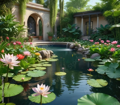 Serene water feature with lotus plants in a bahai-inspired garden, bahai gardens, garden scenery, water lily photo