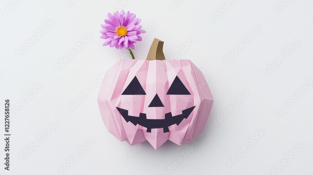 Minimalist pink and lilac triangular jack o lantern decorated with a flower on a clean white background for a modern Halloween aesthetic Minimalist pink and lilac triangular jack o lantern decorated with a flower on a clean white background for a modern Halloween aesthetic