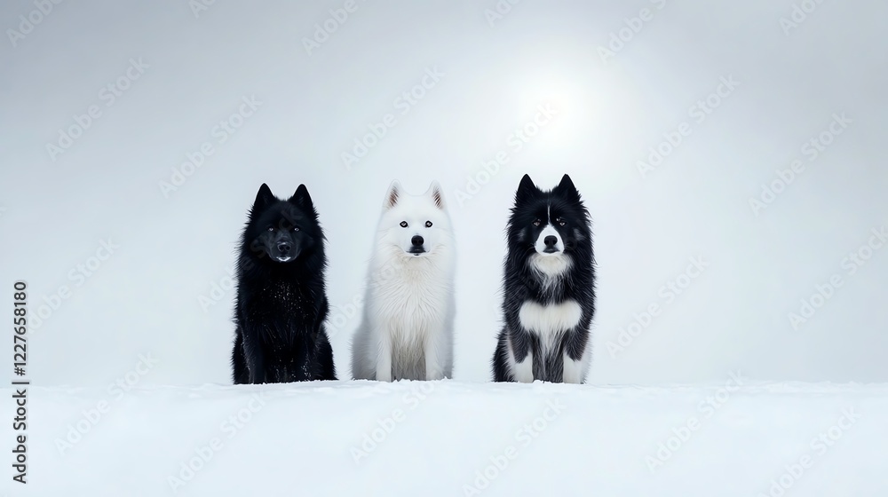 Naklejka premium Finnish Lapphund standing under the northern lights, magical arctic landscape