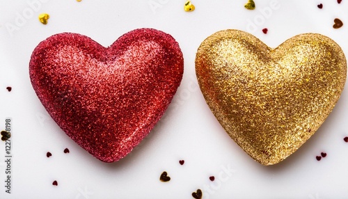 red and gold glitter hearts on white background
