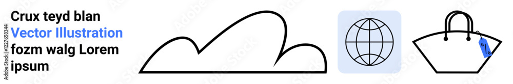Simplistic cloud shape, globe icon, and a handbag with a hanging tag. Ideal for travel, global commerce, fashion, retail, lifestyle, minimalism flat landing page banner Simplistic cloud shape, globe icon, and a handbag with a hanging tag. Ideal for travel, global commerce, fashion, retail, lifestyle, minimalism flat landing page banner
