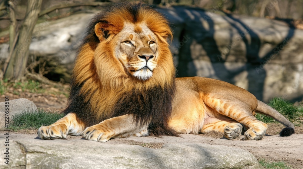 Adult male lion resting on rocky terrain under sunlight showcasing wildlife beauty and habitat conservation challenges in savannah ecosystems Adult male lion resting on rocky terrain under sunlight showcasing wildlife beauty and habitat conservation challenges in savannah ecosystems