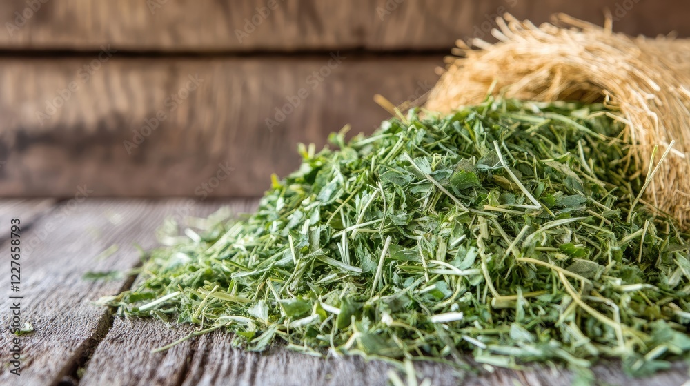 Close-up of fresh alfalfa hay for animal feed, against a rustic barn backdrop, symbolizing natural livestock nutrition. Close-up of fresh alfalfa hay for animal feed, against a rustic barn backdrop, symbolizing natural livestock nutrition.