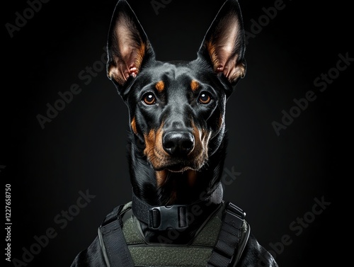 Doberman Pinscher in a tactical vest, intense focus, security and protection theme photo