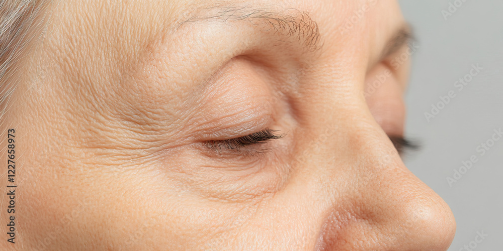 Obraz premium Close-up of Senior Woman's Face Showing Wrinkles Around Eyes and Nose
