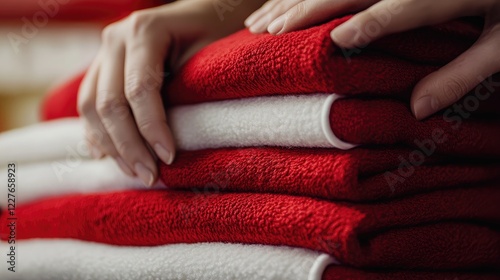 Closeup of hands arranging neatly folded red and white fleece piles with soft texture showcasing craftsmanship and empty space for text photo