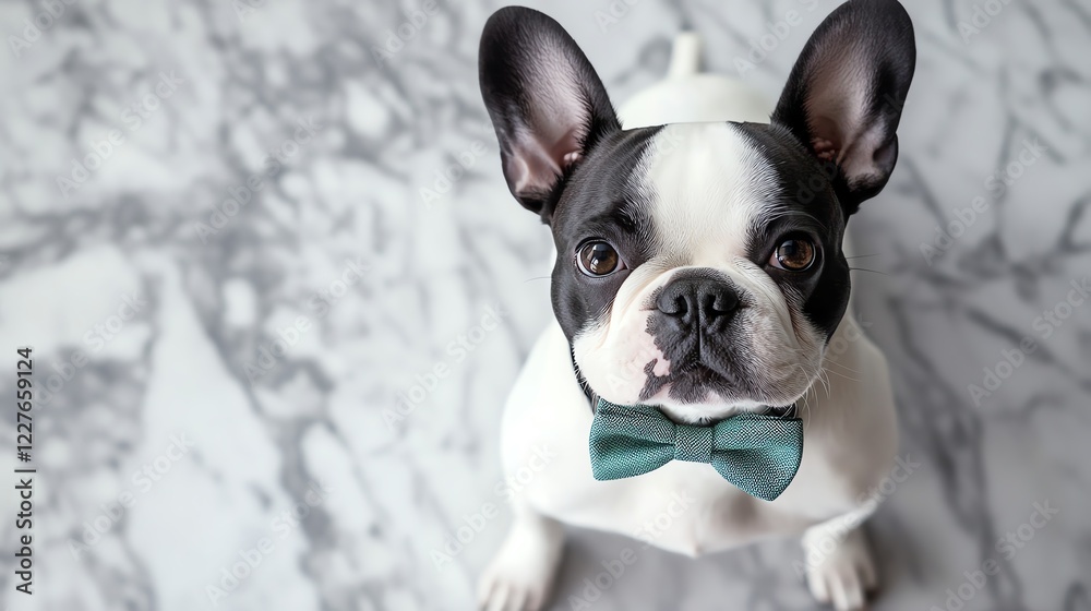 French Bulldog wearing a stylish bow tie, standing on a marble floor, sophisticated and charming look French Bulldog wearing a stylish bow tie, standing on a marble floor, sophisticated and charming look