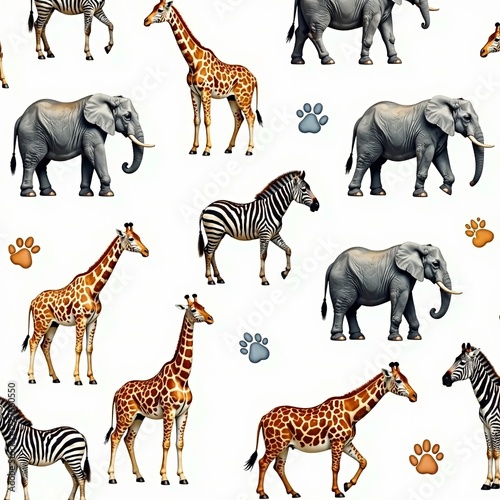 Colorful pattern of animals including elephants, giraffes, and zebras. photo