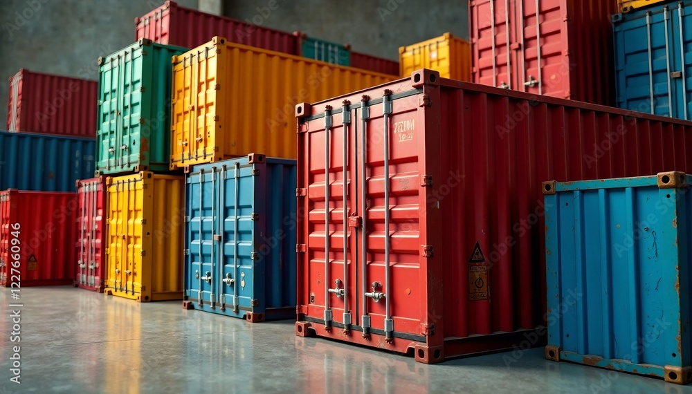 Fototapeta premium Colorful shipping containers stacked in a modern warehouse setting.