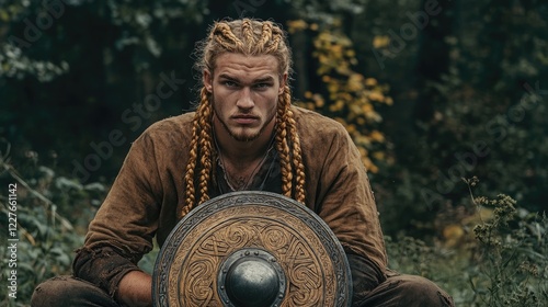 Viking warrior with braided golden hair reflecting bravery and introspection while holding a Viking shield in a natural setting photo