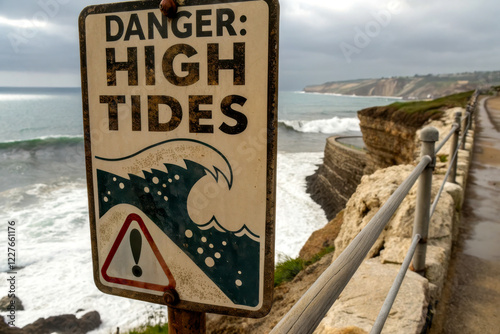 A warning sign indicating danger from high tides, set against a coastal backdrop with waves crashing near a rocky shoreline.