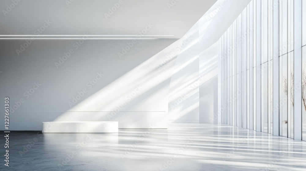 Obraz premium Bright minimalist lobby featuring high ceilings and natural light streaming through expansive windows, creating a serene ambiance.