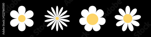White daisy chamomile set line. Camomile icon. Cute round flower head plant collection. Growing concept. Love card symbol. Simple flat design. Nature sign. Childish style. Black background. Vector