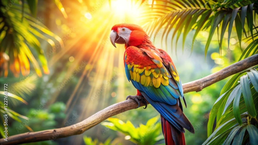 Vibrant Scarlet Macaw Perched in Tropical Jungle with Sunlight Vibrant Scarlet Macaw Perched in Tropical Jungle with Sunlight