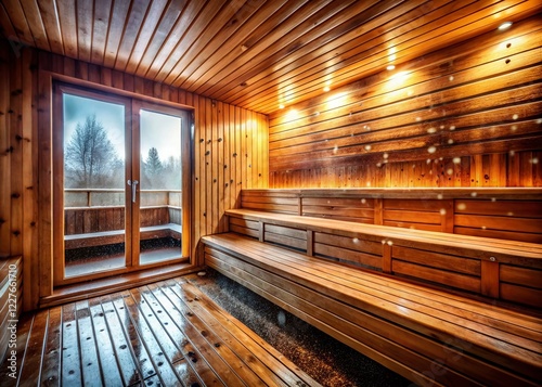 Authentic Finnish Sauna Experience: Wet Wooden Interior, Steam, Relaxation photo