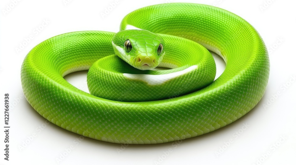 Obraz premium Vibrant Green Snake Coiling on White Background in Natural Habitat Showcasing Unique Wildlife Characteristics