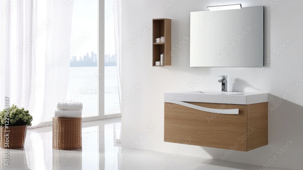 Fototapeta premium Minimalist bathroom design featuring a modern vanity with mirror and elegant storage solutions in a serene, sunlit environment.