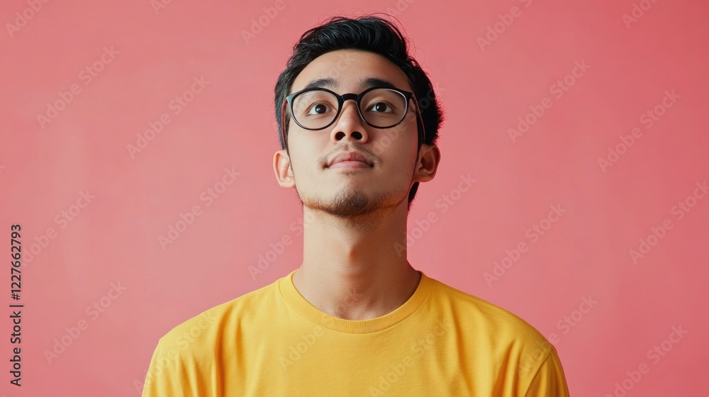 Obraz premium Young man in glasses wearing a bright yellow shirt against a pink background, showcasing a thoughtful expression and modern style.