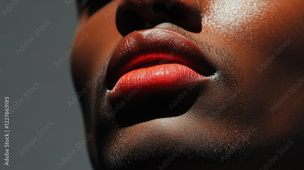 Close-up of a man showcasing bold lipstick on his lips emphasizing beauty and self-expression through makeup artistry Close-up of a man showcasing bold lipstick on his lips emphasizing beauty and self-expression through makeup artistry