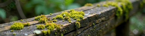 Close-up of vibrant moss growing on a wooden surface in a lush natural environment. photo