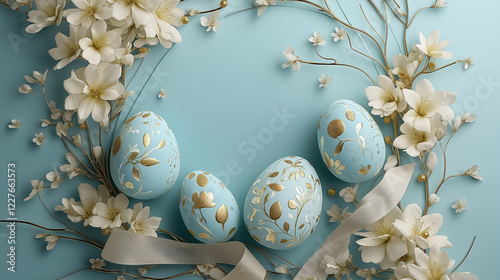 Artistic Easter card layout with pastel blue and gold eggs, soft ribbons and blooming flowers. photo