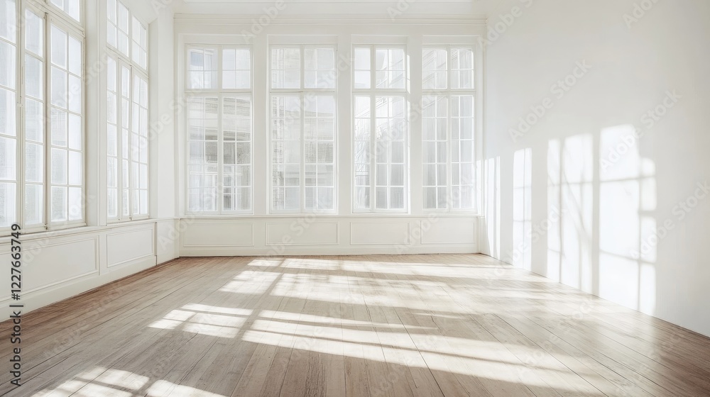 Spacious minimalist room featuring expansive windows and bright white walls illuminating warm wooden floors Spacious minimalist room featuring expansive windows and bright white walls illuminating warm wooden floors