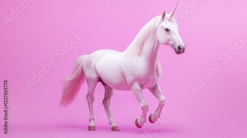 Majestic white unicorn prancing on vibrant pink background Enchanting fairytale theme with plenty of copyspace for creative use photo