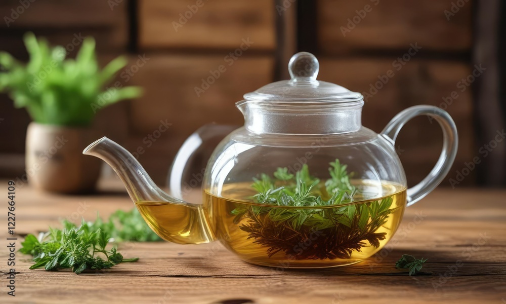 Glass teapot on a rustic wooden surface with herbal infusion, natural, teapot, surface Glass teapot on a rustic wooden surface with herbal infusion, natural, teapot, surface