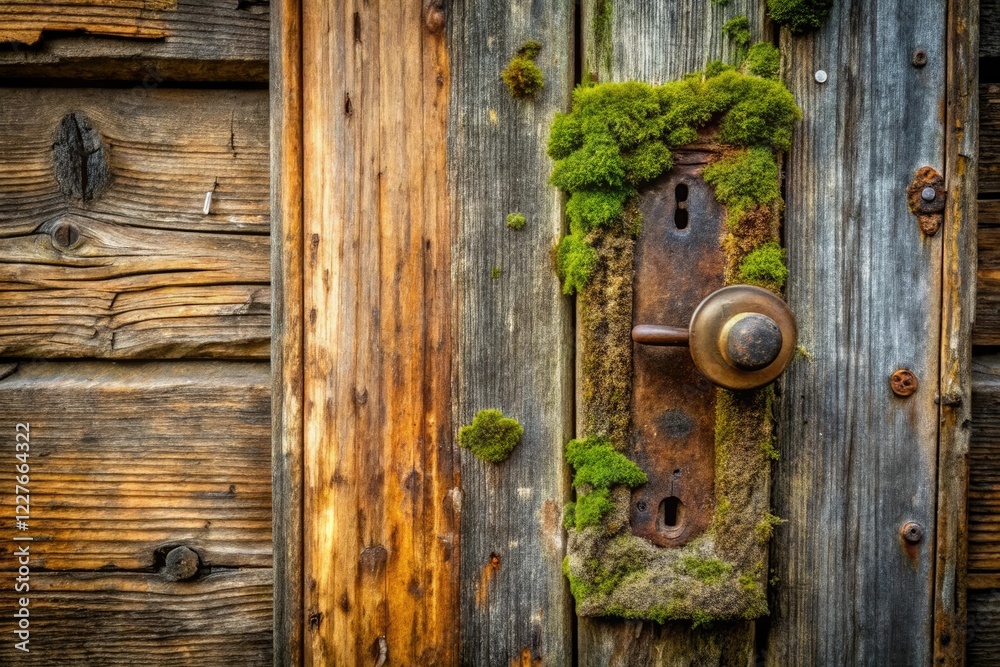 Rough, weathered wooden door with a rusty doorknob and a patch of moss growing on the doorstep, wood, grunge texture, outdoor, rusty, nature Rough, weathered wooden door with a rusty doorknob and a patch of moss growing on the doorstep, wood, grunge texture, outdoor, rusty, nature