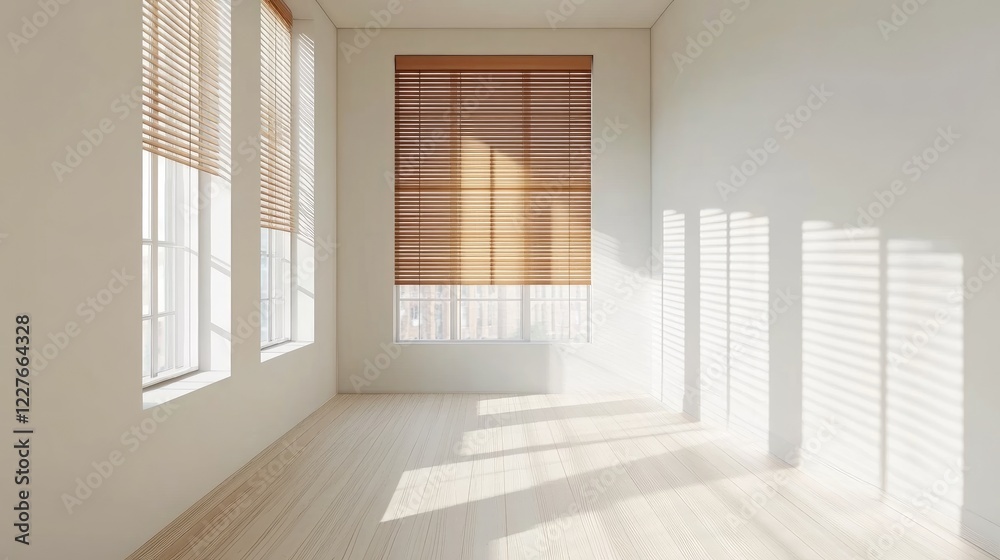 Bright and Airy Minimalist Office Space Featuring Wooden Blinds and Sunlight Streaming Through Large Windows Bright and Airy Minimalist Office Space Featuring Wooden Blinds and Sunlight Streaming Through Large Windows