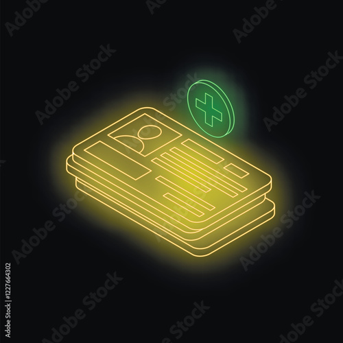 Isometric neon yellow curriculum vitae with green add button floating above, representing online recruitment