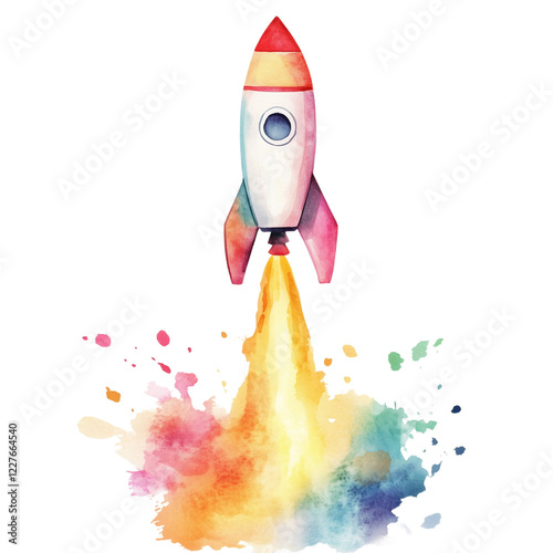 Vibrant Rocket Launching Into a Colorful Sky With Bright Flames and Splashes of Paint Surrounding It