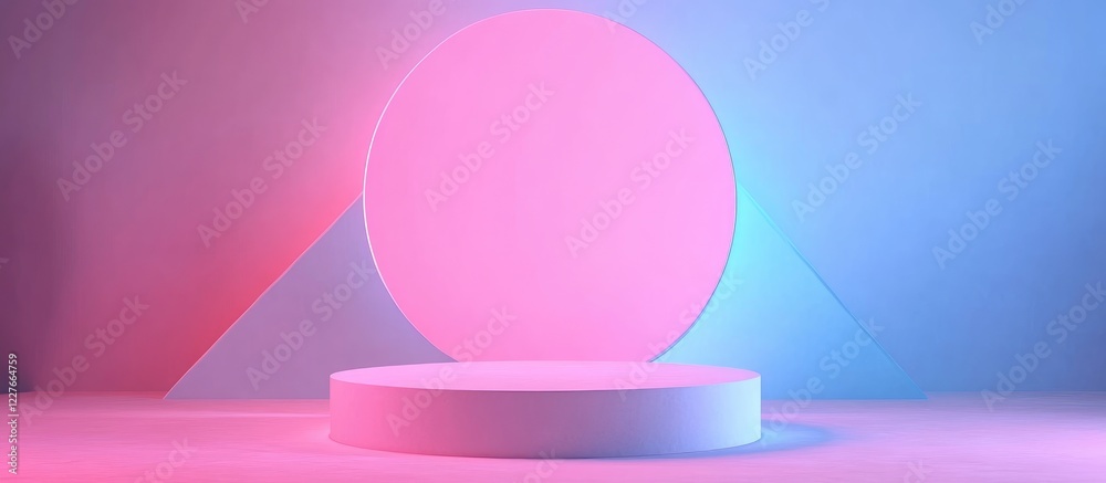 Obraz premium Minimalist neon pink and blue background with circular podium ideal for modern product display and creative presentations in a dreamy setting.