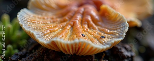 Close-up view of vibrant orange mushroom showcasing intricate textures and patterns. photo