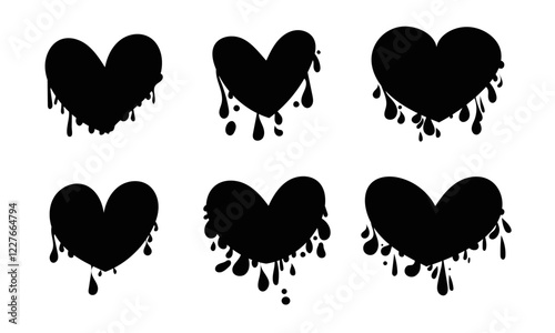 Hand drawn dripping splash graffiti heart shape with drops. Simple sketch grunge collection