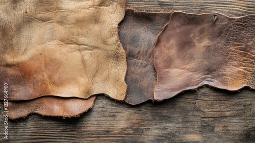 Medieval leather crafting textures on weathered wood featuring various shades of brown with space for text or creative design integration photo