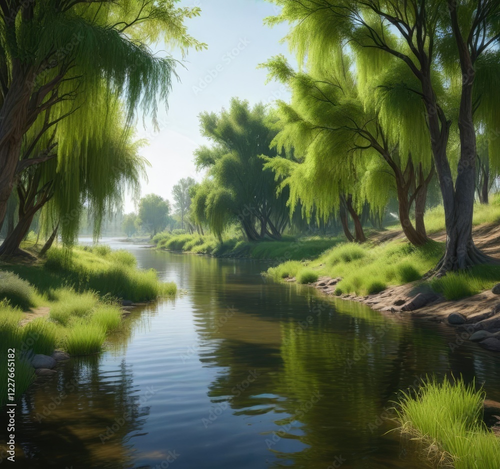 Obraz premium Riverbank lined with willow trees and lush greenery , tree, river