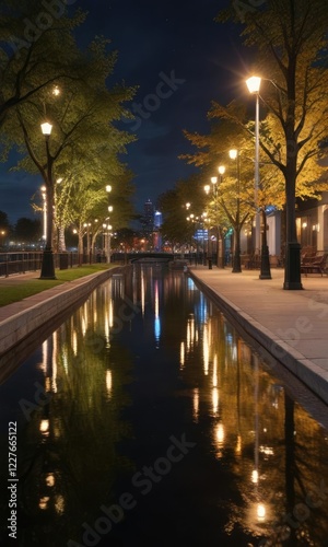 Riverfront Park at night with Broadway lights reflection, trees, sunset, nighttime photo